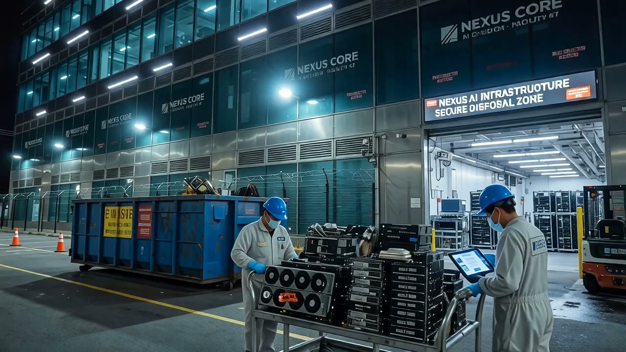 Corporate datacenter staff wheeling decommissioned GPUs to scrap