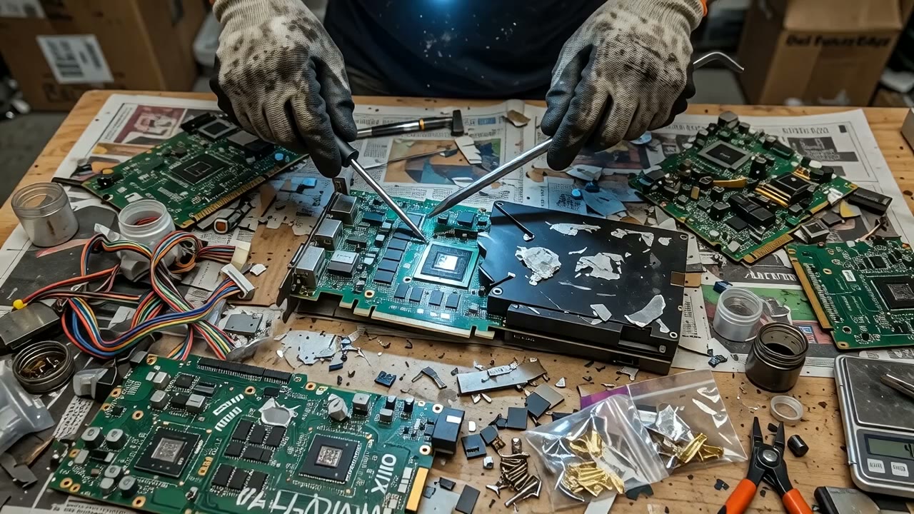 Hands stripping a GPU for rare metals