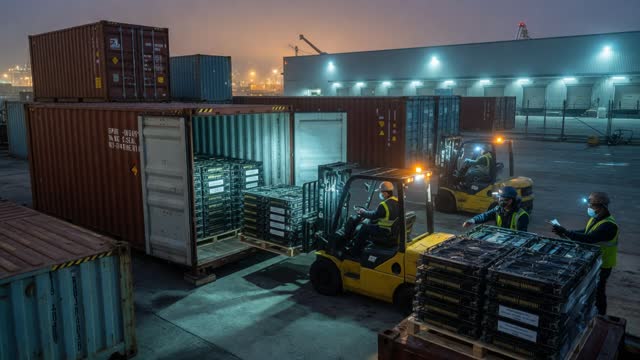 Shipping containers loaded with decommissioned datacenter GPUs at a port