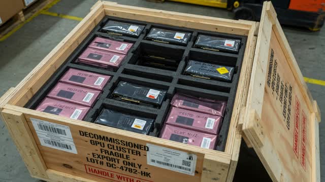 Open export crate packed with decommissioned server GPUs