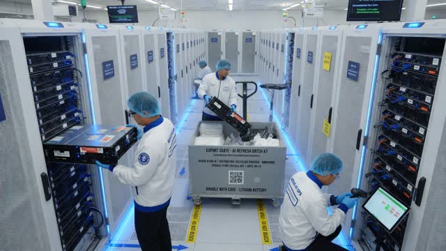 Datacenter staff removing GPU servers for decommission and export